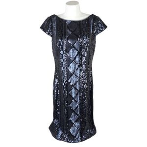 Adrianna Papell Sequin Cap Sleeve Sheath Dress Navy Size 10 Evening Sparkle